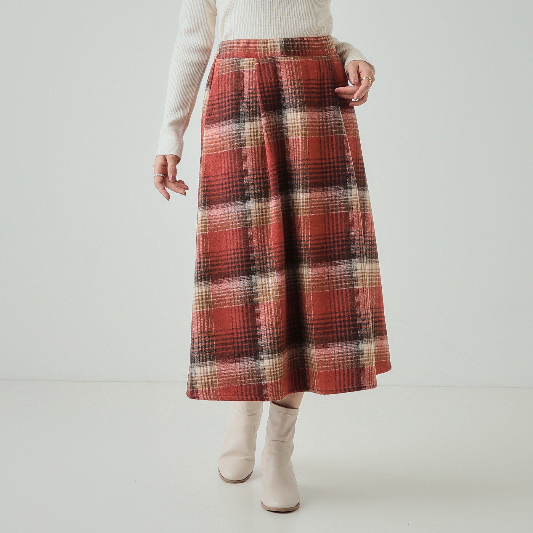 SHOO･LA･RUE「【S-LL】見た目もあったか シャギー調チェックフレアスカート」|スカート|