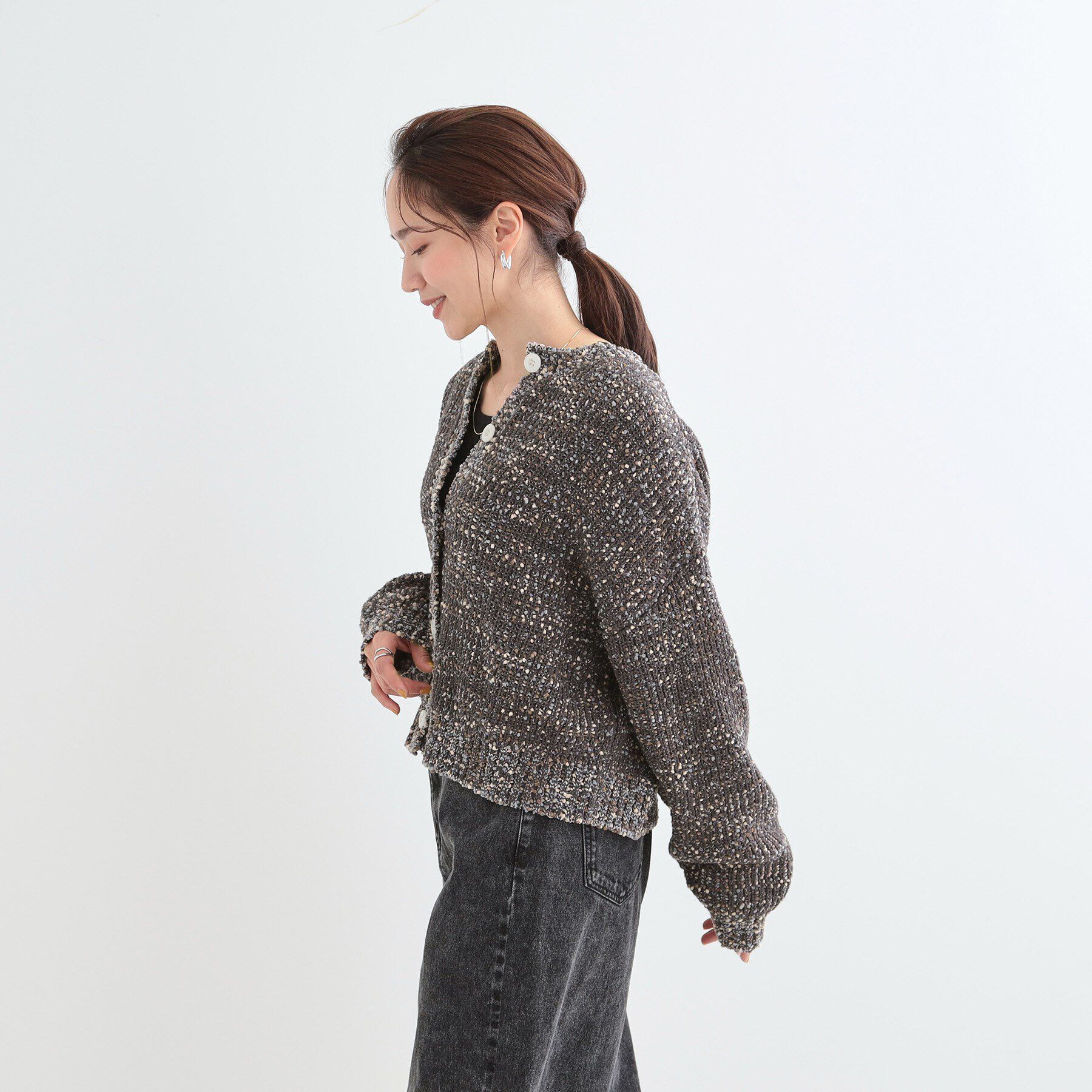 SHOO･LA･RUE「【前後2WAY/コンパクト丈】ぽこぽこ MIXニットカーディガン」|カーディガン|