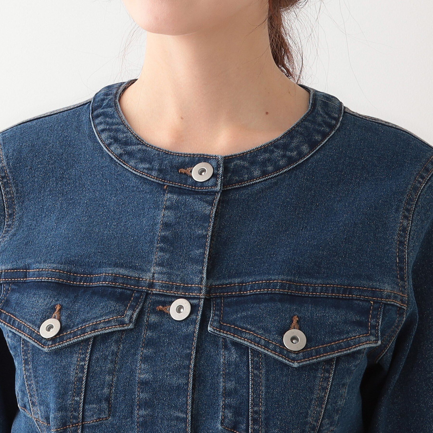 SHOO･LA･RUE「【S-LL】大人のための ノーカラーデニムジャケット」|デニムジャケット|