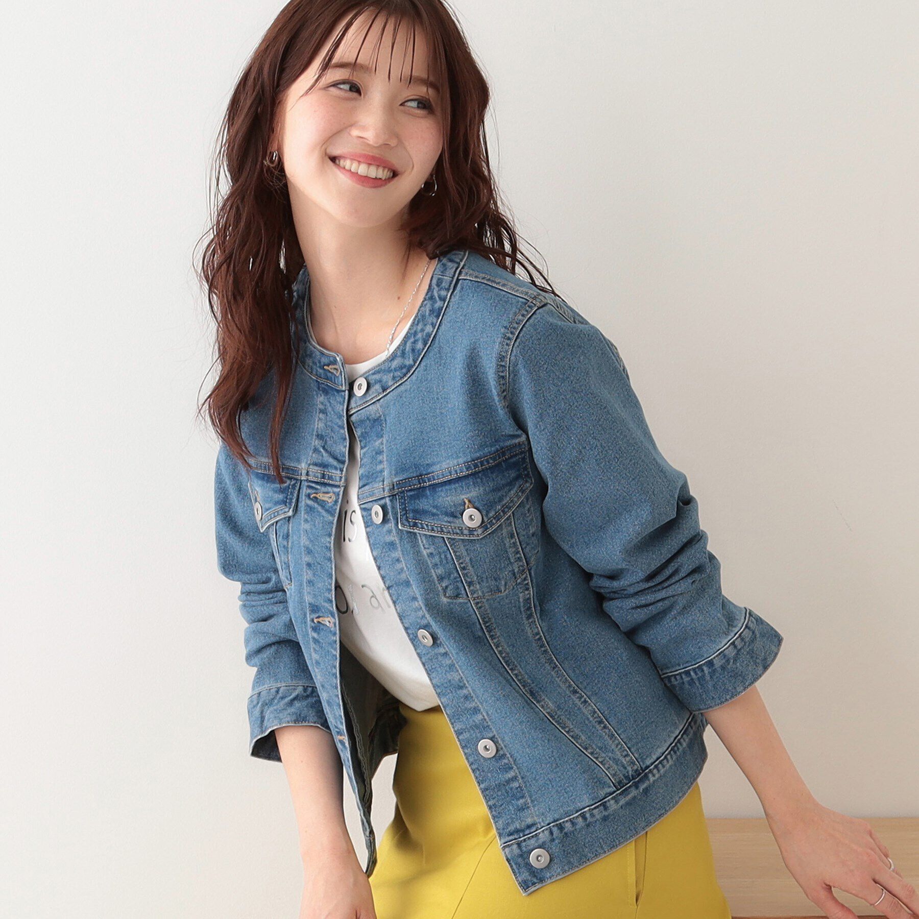 SHOO･LA･RUE「【S-LL】大人のための ノーカラーデニムジャケット」|デニムジャケット|ブルー(091)