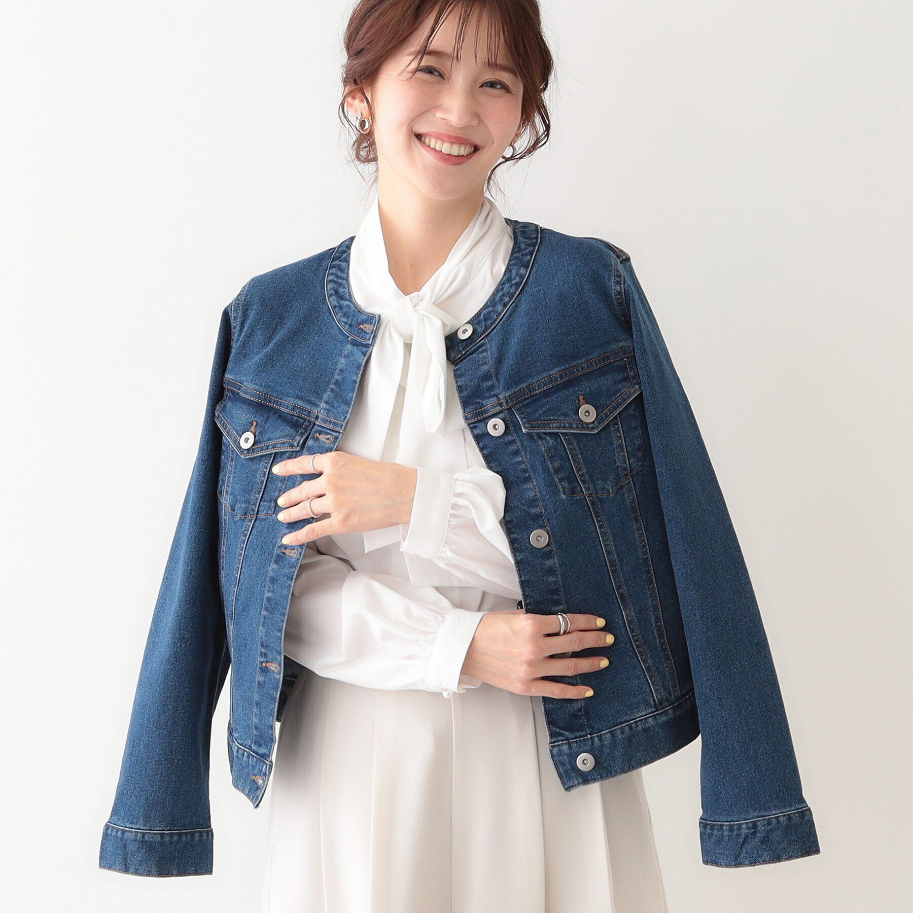 SHOO･LA･RUE「【S-LL】大人のための ノーカラーデニムジャケット」|デニムジャケット|ブルー(093)