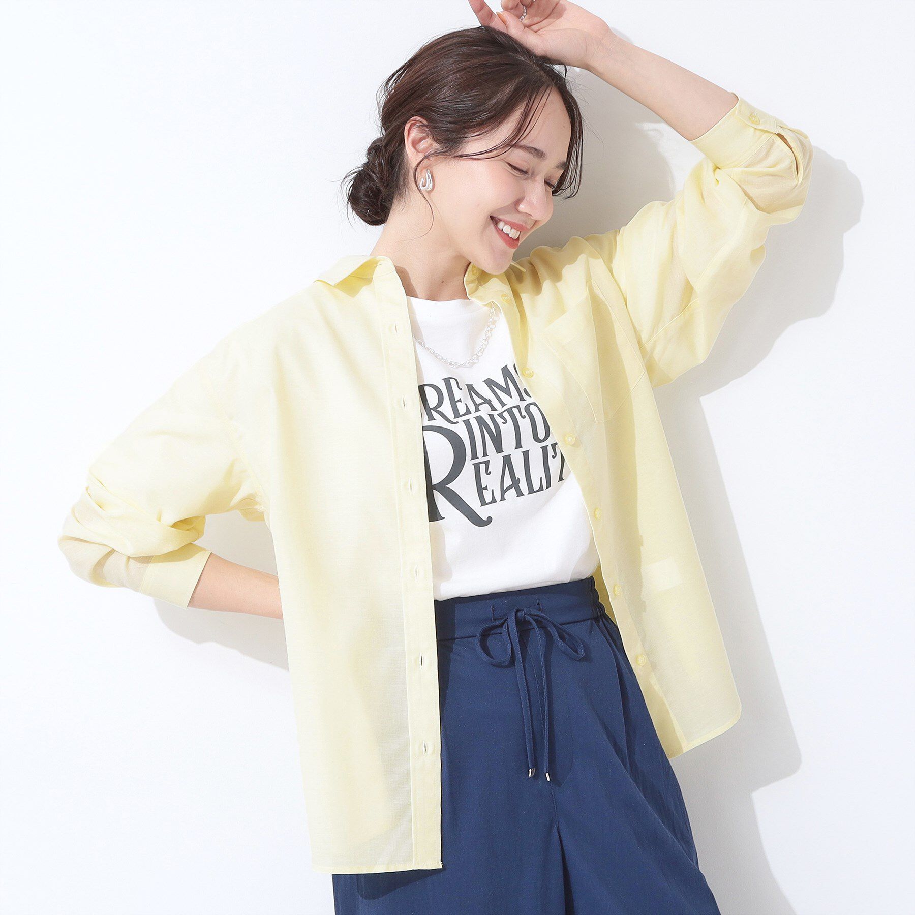 SHOO･LA･RUE「【洗える/S-LL/UV/吸水速乾】洗濯後しわになりにくいリネンブレンドシャツ」|シャツ・ブラウス|ライトイエロー(03