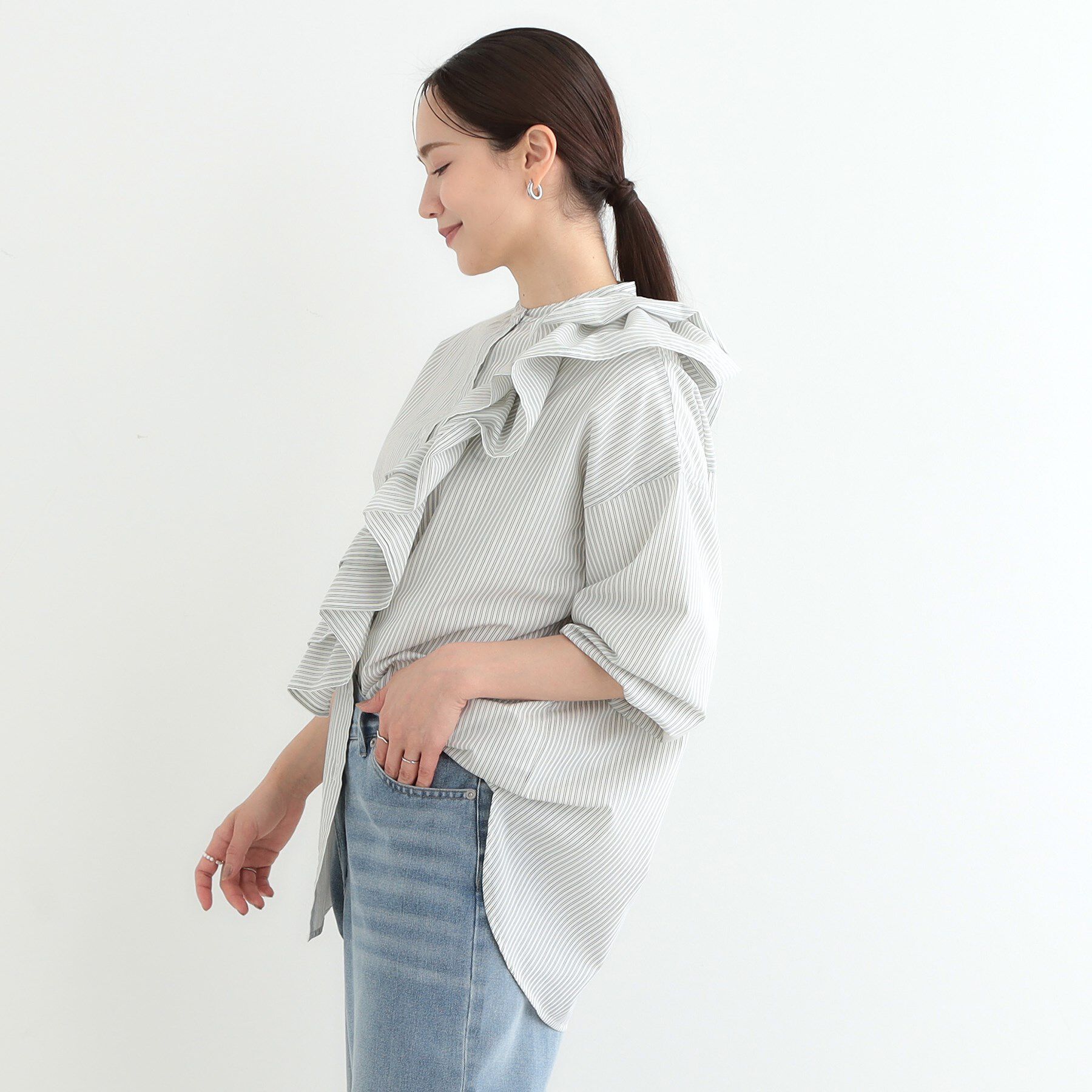 SHOO･LA･RUE「【3WAY】フリルサッシュ付きバンドカラーシャツ」|シャツ・ブラウス|