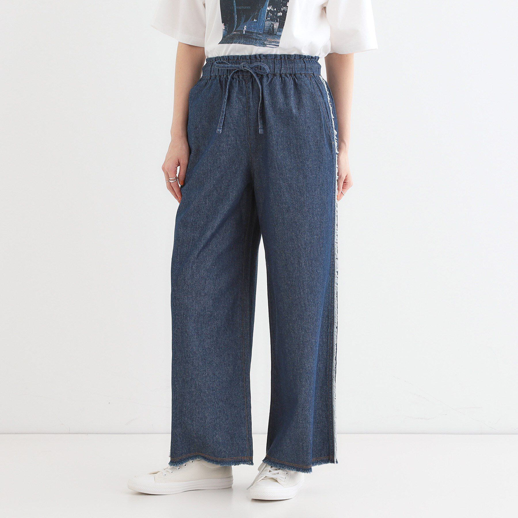 SHOO･LA･RUE「【S-LL】フリンジイージーデニムパンツ」|デニム|