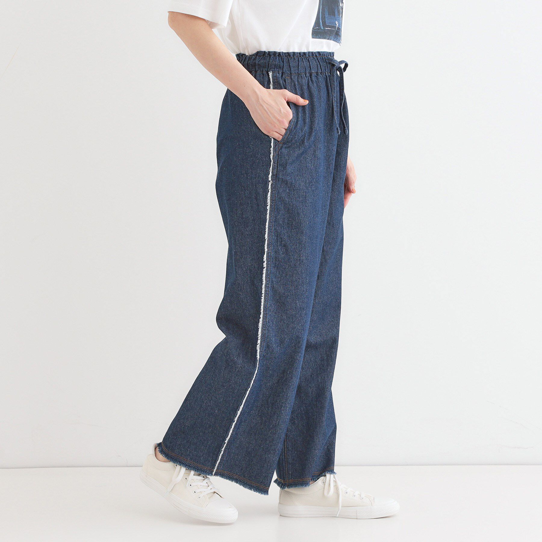 SHOO･LA･RUE「【S-LL】フリンジイージーデニムパンツ」|デニム|