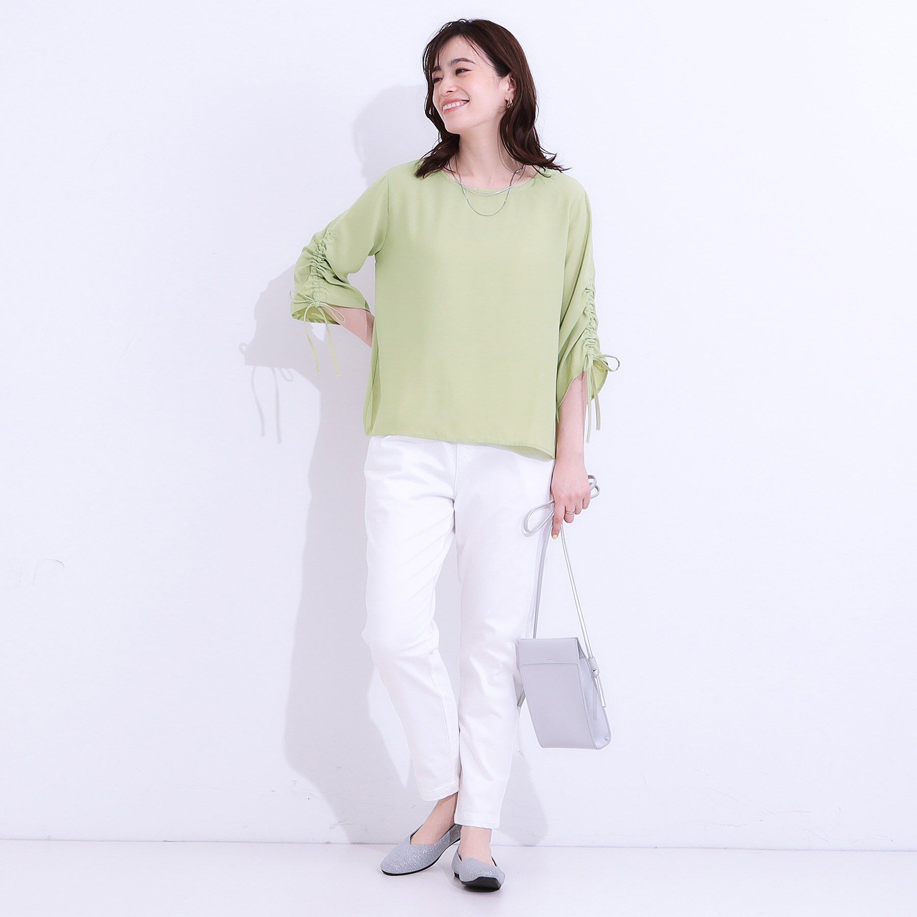 SHOO･LA･RUE「【高レビュー/セットアップ可】お袖シャーリング 麻調ブラウス」|シャツ・ブラウス|