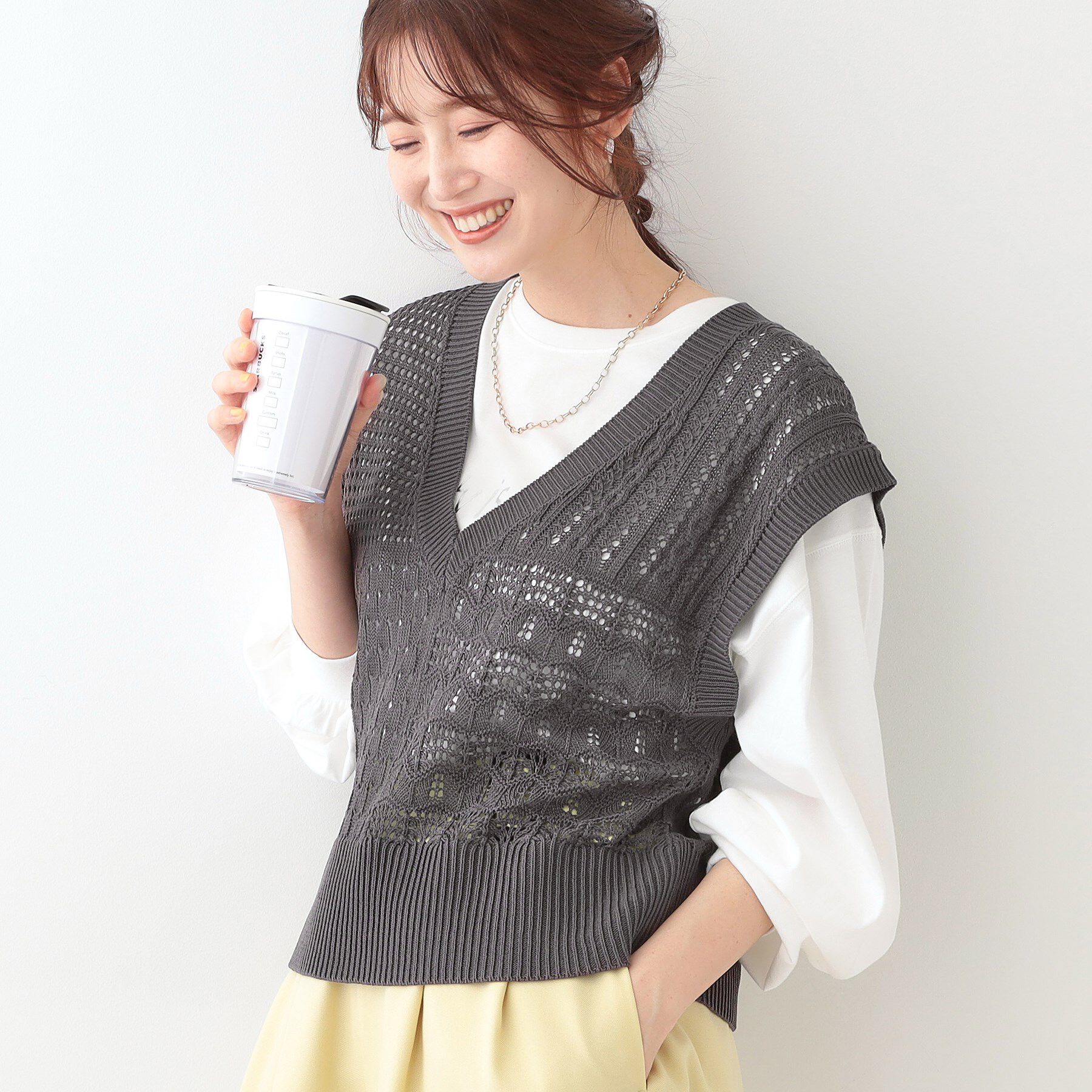 SHOO･LA･RUE「パッチワーク風 編み地切替えニットベスト」|ベスト・ジレ|チャコールグレー(0