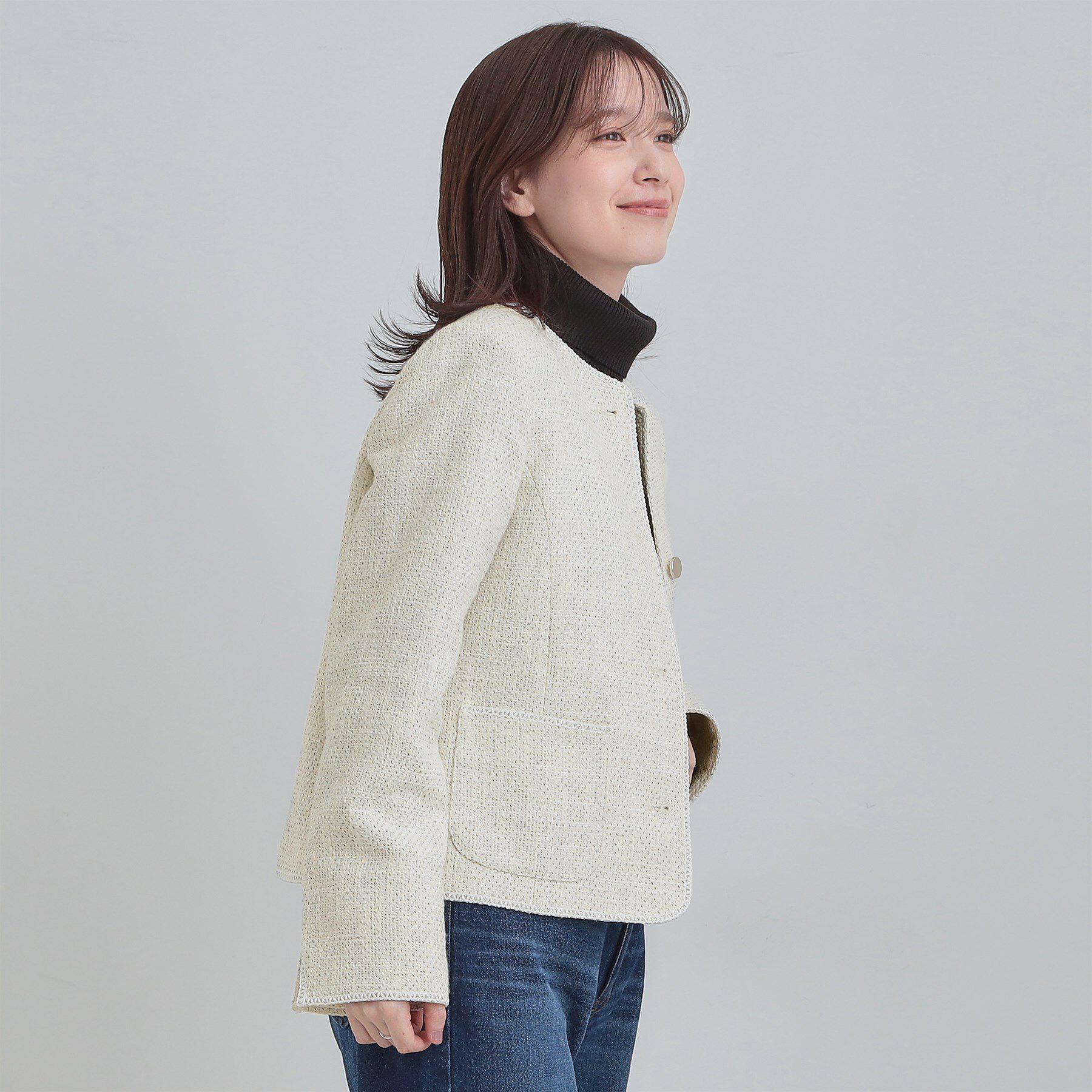 SHOO･LA･RUE「柔らかく軽い ライトツイードジャケット」|ノーカラージャケット|