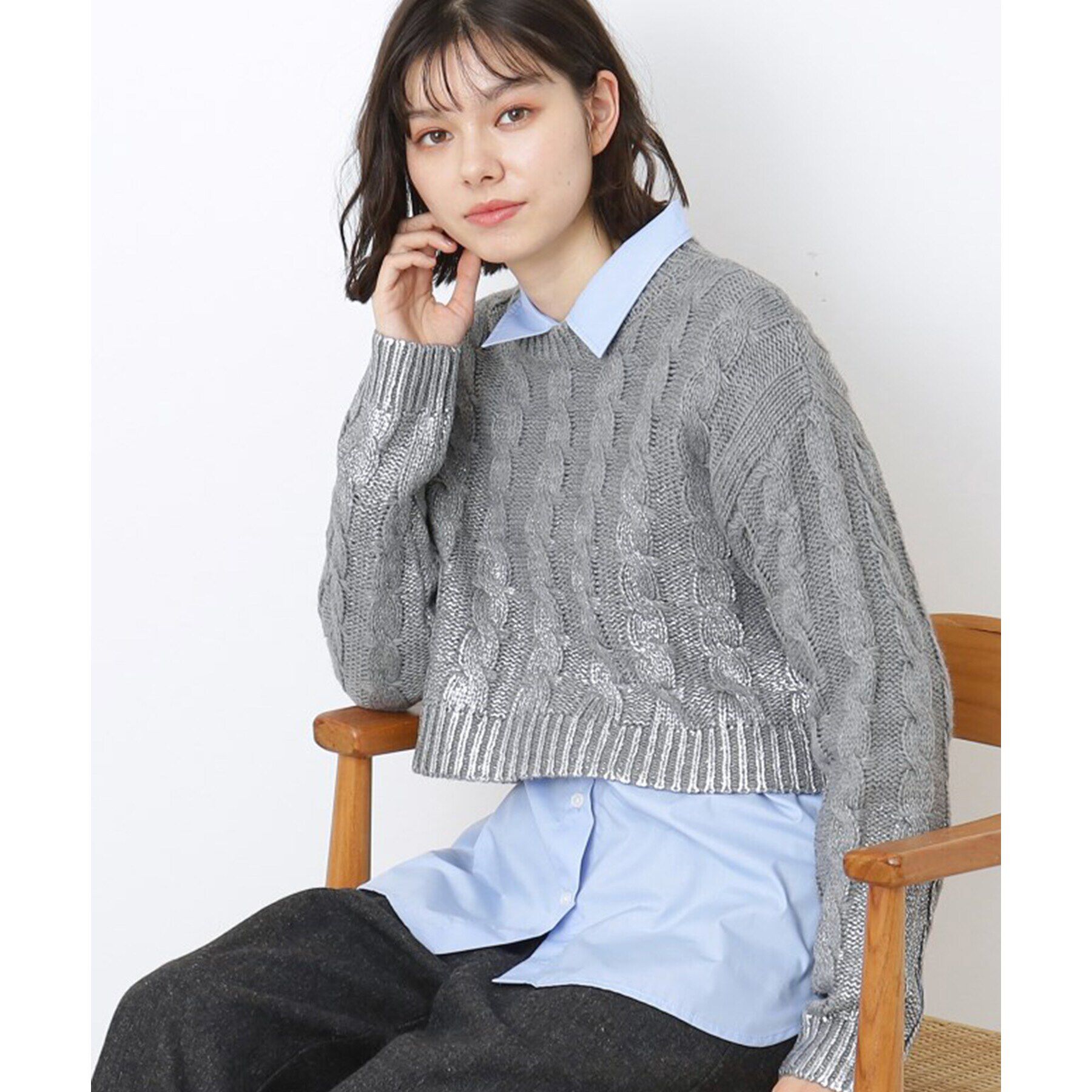 Dessin「【洗える】ショート丈箔プリントケーブルニット」|ニット・セーター|グレー(012)