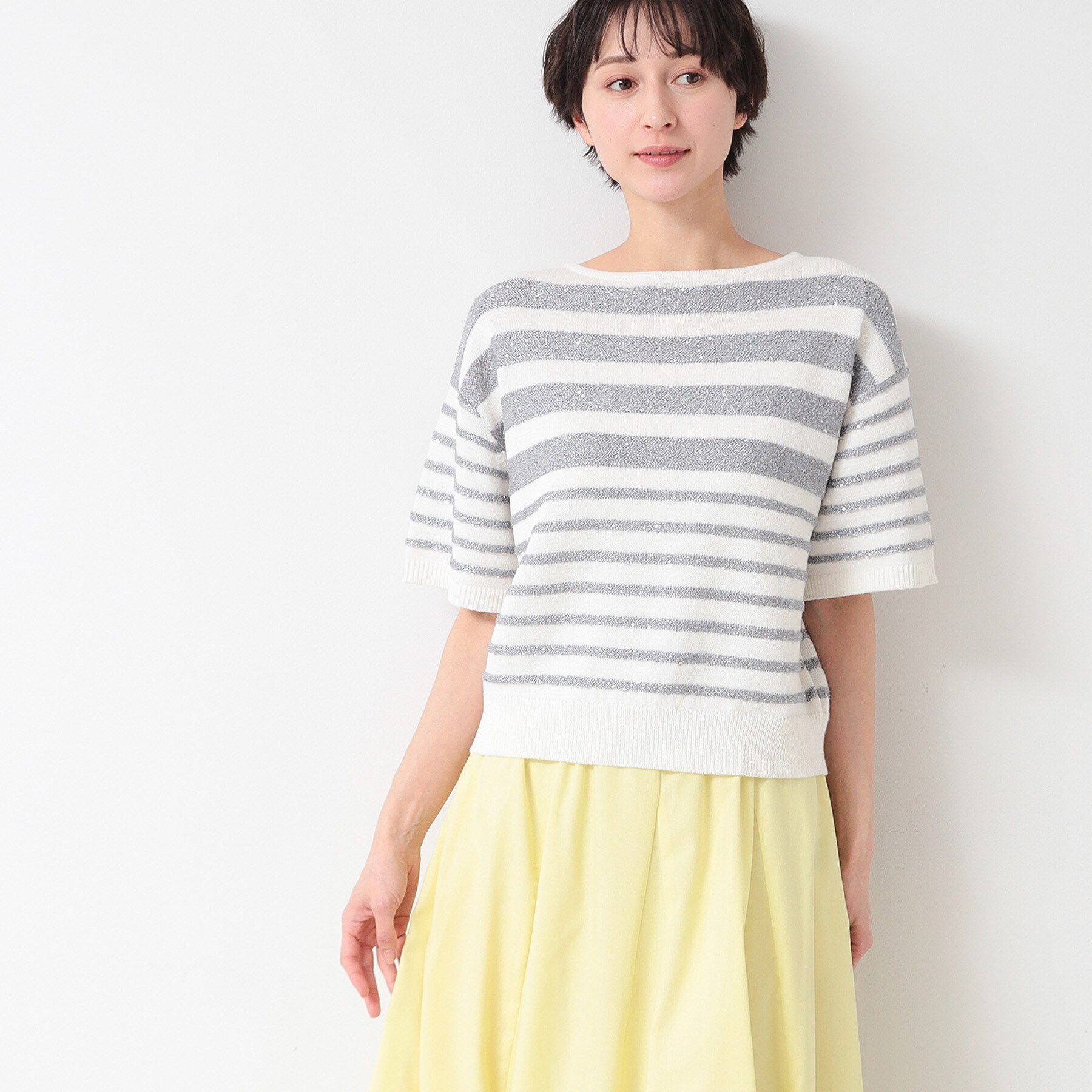 Dessin「【洗える】スパンコールラメボーダーニット」|ニット・セーター|ライトグレー(311