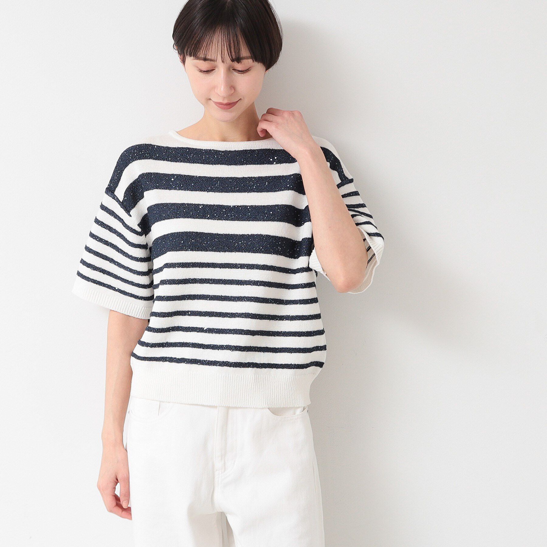 Dessin「【洗える】スパンコールラメボーダーニット」|ニット・セーター|ネイビー(394)