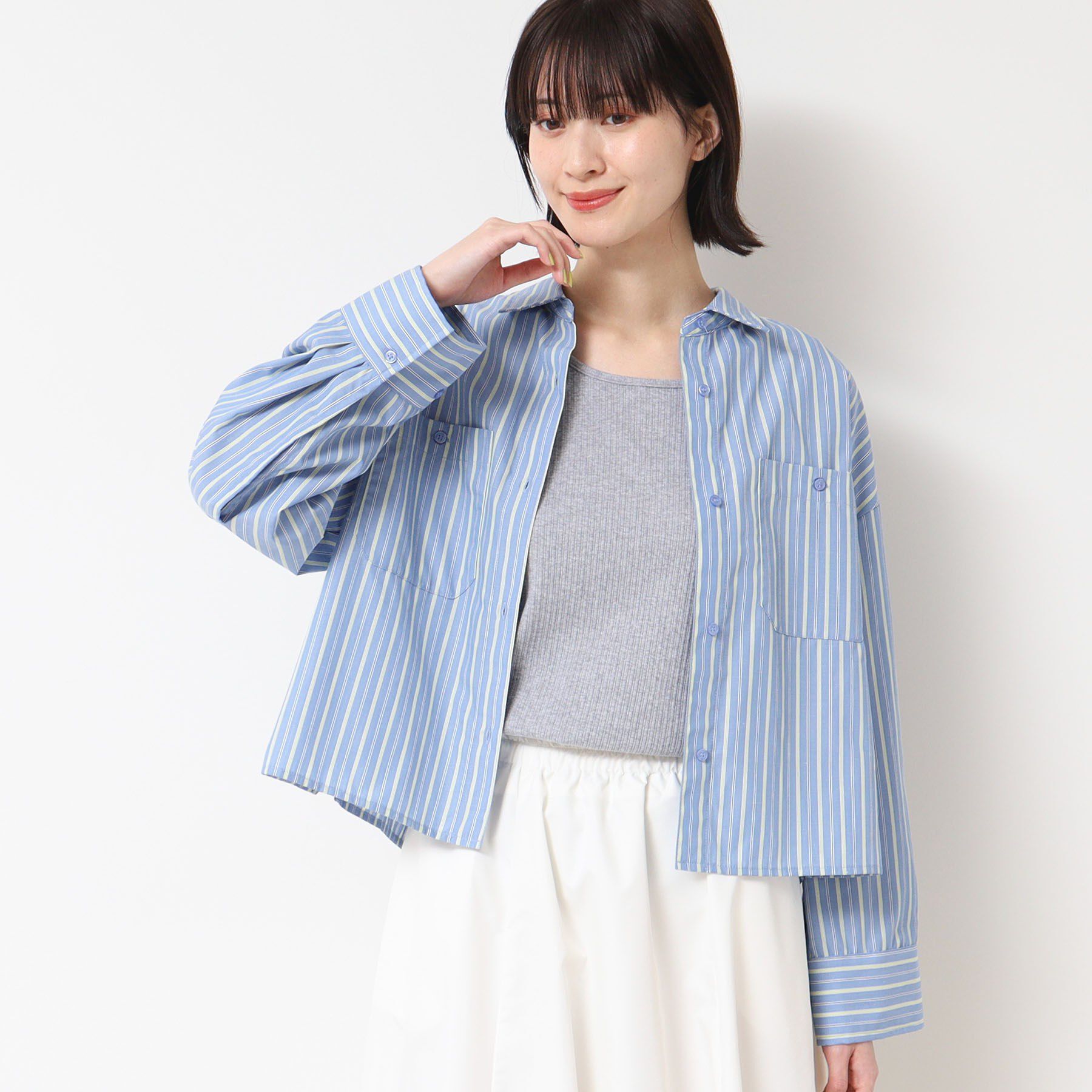 Dessin「【洗える・4サイズ展開】ポケット付きクロップド丈シャツ（XS～L）」|シャツ・ブラウス|グリーン(325)