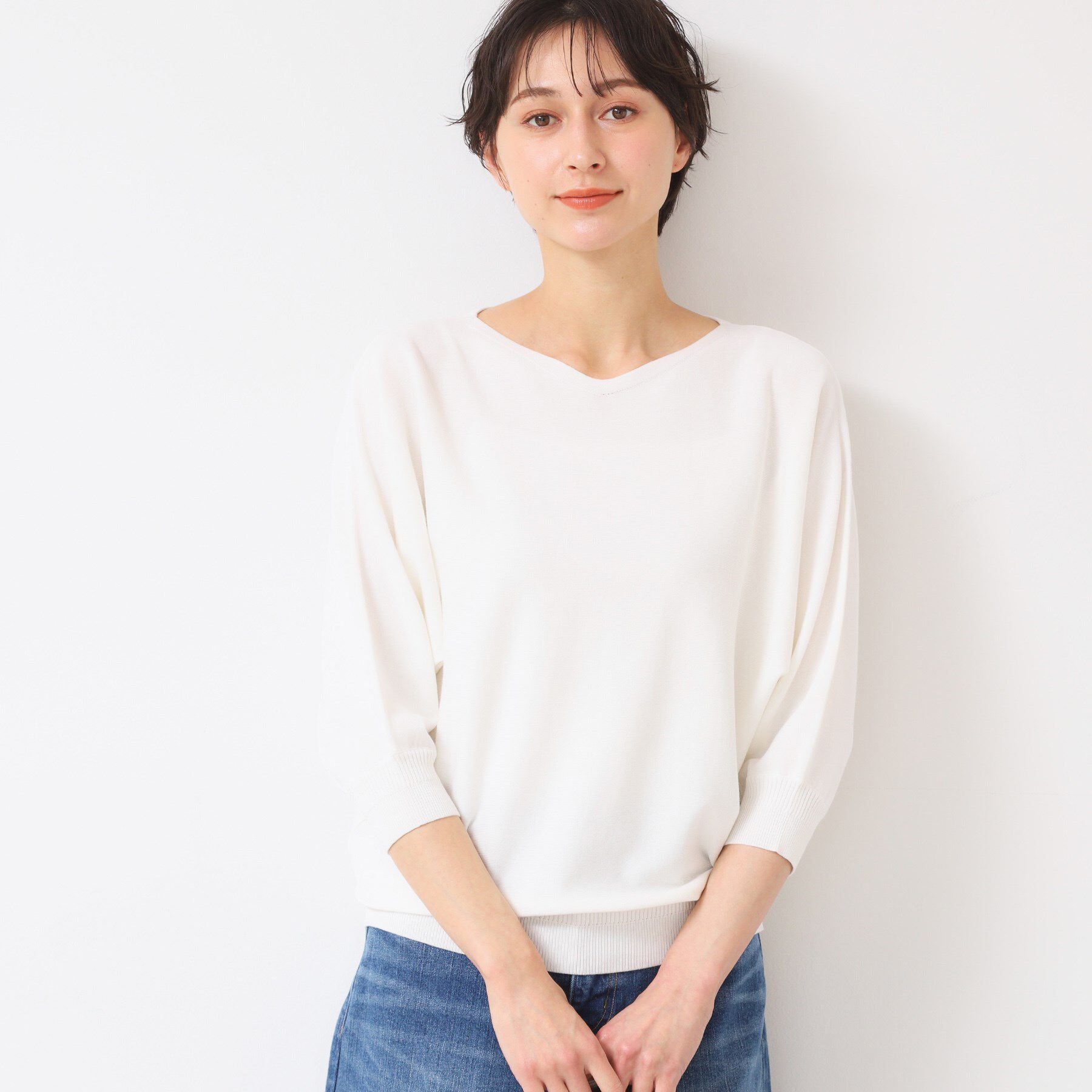 Dessin「【選べる7色展開・洗える】後ろボタンニットプルオーバー七分袖（XS～L）」|ニット・セーター|ホワイト(002)