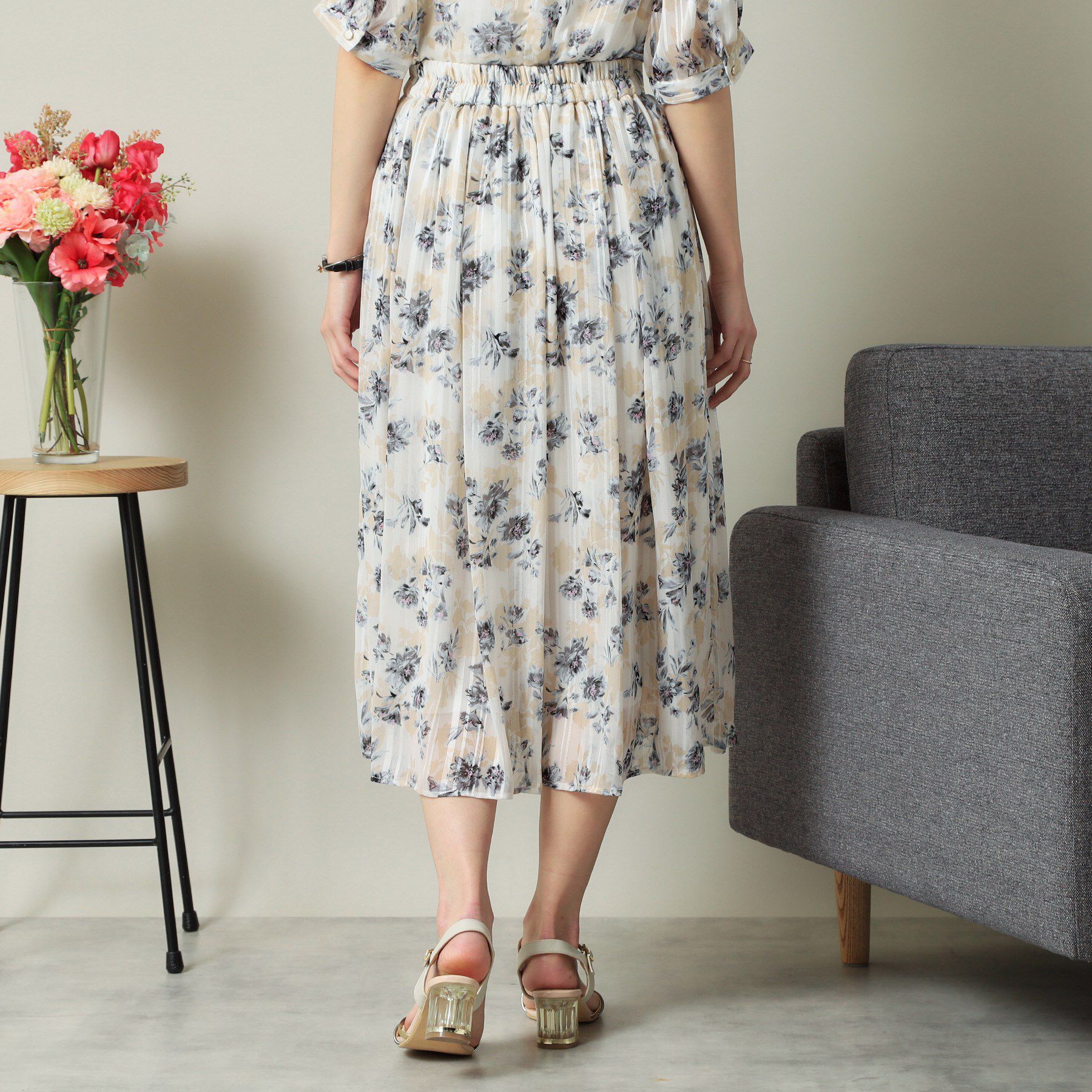 ITS&rsquo;DEMO「【ウエストゴム／手洗い可】ラメストライプ花柄スカート」|スカート|