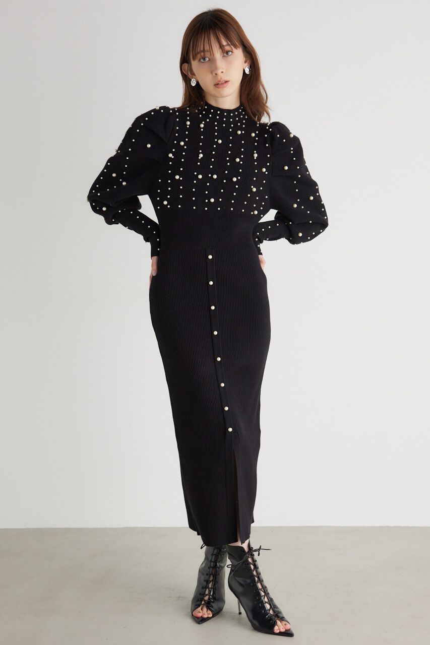 rienda「メニーフェイクパールタイトKnit OP」|ワンピース|BLK