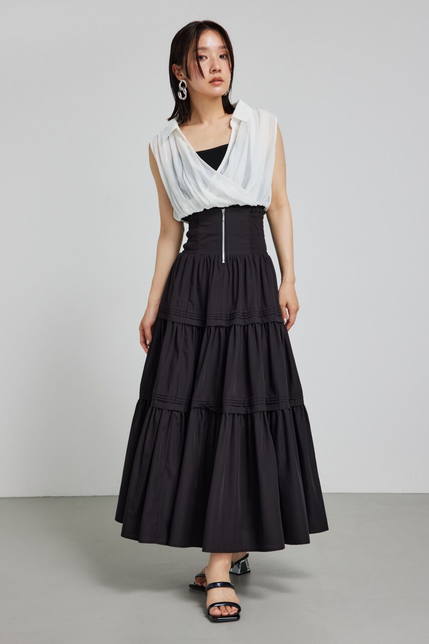 rienda「ウェストシャーリングタックデザインフレアスカート」|スカート|BLK