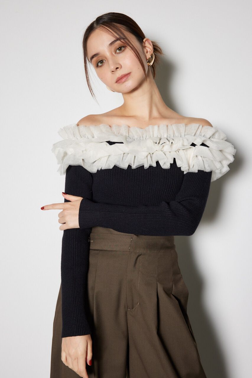 rienda「チュールフリルオフショルニットトップス」|ニット・セーター|BLK