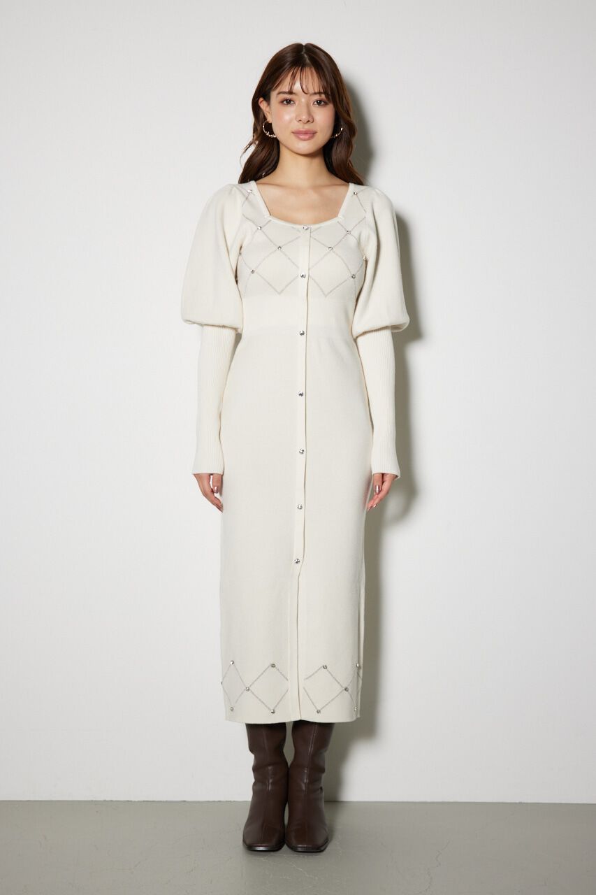 rienda「ビジューチェックタイトニットワンピース」|ワンピース|