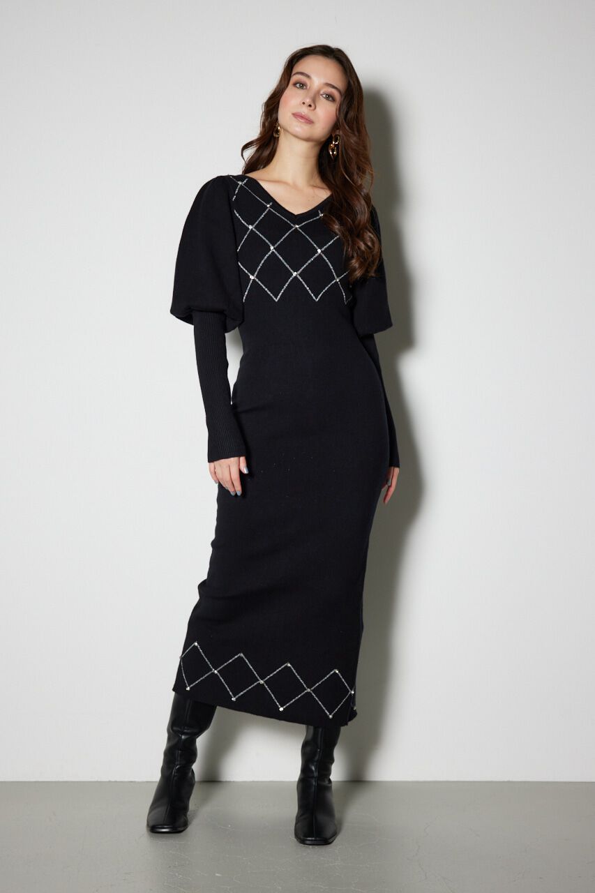 rienda「ビジューチェックタイトニットワンピース」|ワンピース|