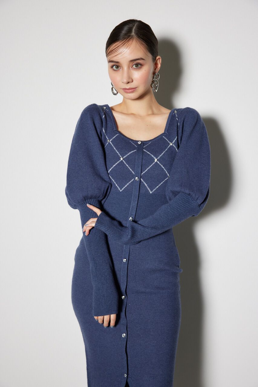 rienda「ビジューチェックタイトニットワンピース」|ワンピース|