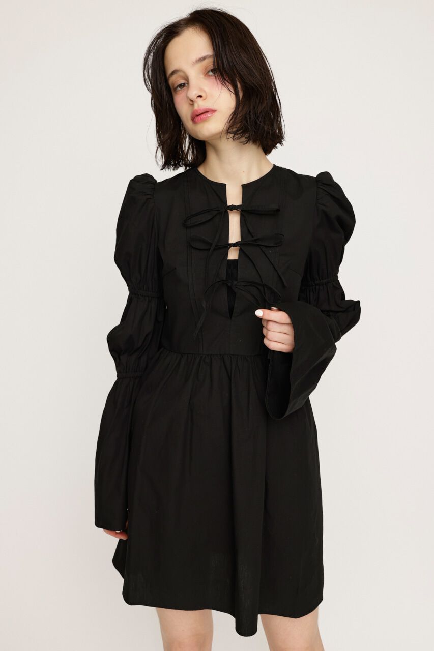 SLY「FRONT RIBBON PUFF SLEEVE ワンピース」|ワンピース|BLK