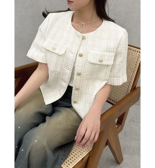 dazzlin「ハーフスリーブツイードシェイプジャケット」|ノーカラージャケット|
