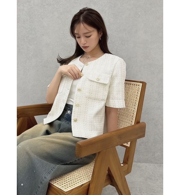 dazzlin「ハーフスリーブツイードシェイプジャケット」|ノーカラージャケット|