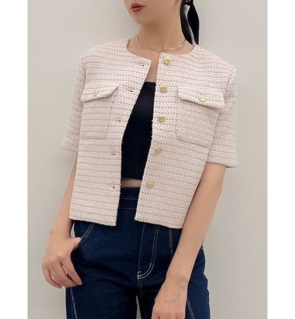 dazzlin「ハーフスリーブツイードシェイプジャケット」|ノーカラージャケット|ピンク