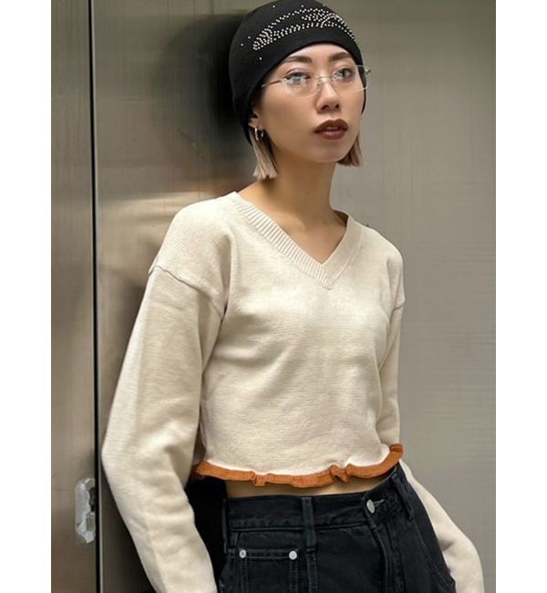 EMODA「Vネックフリルショートニット」|ニット・セーター|ベージュ