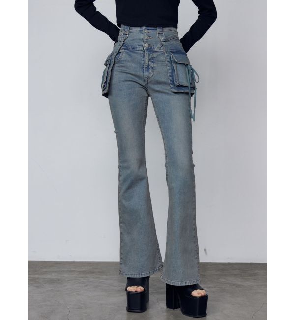 EMODA「ハングリボンフレアハイウエストパギンス」|デニム|アイスブルー