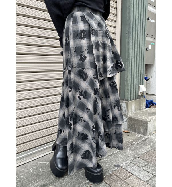 MURUA「フロッキーチェックロングスカート」|スカート|ブラック