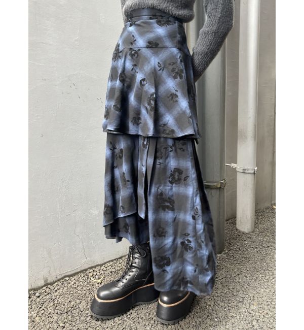 MURUA「フロッキーチェックロングスカート」|スカート|ブルー