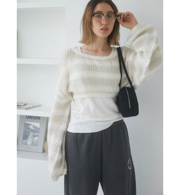 Ungrid「透かし編みボーダーショートニット」|ニット・セーター|