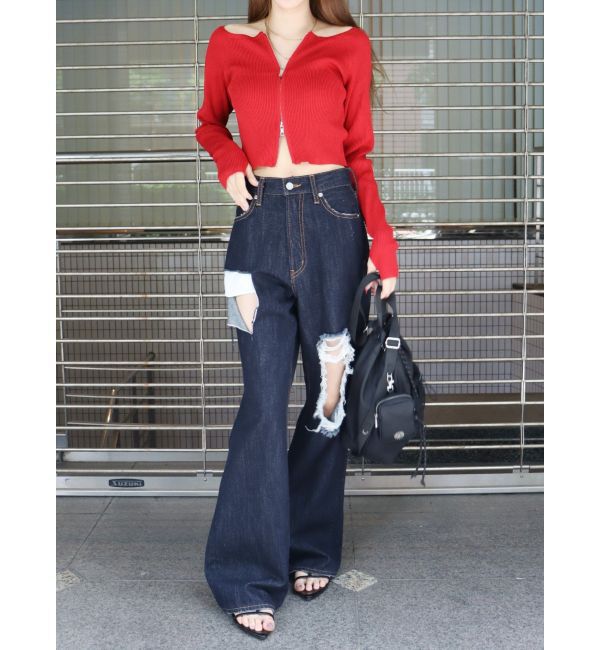 EVRIS「【WEB限定】フロントジップオフショルニット」|ニット・セーター|