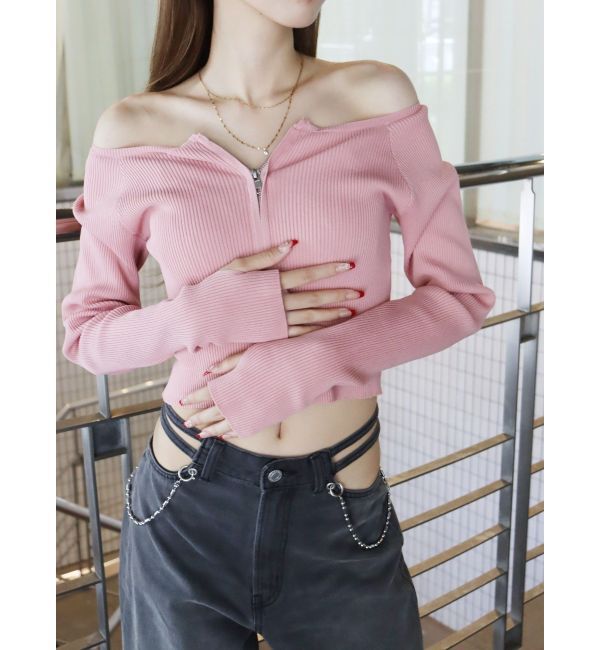 EVRIS「【WEB限定】フロントジップオフショルニット」|ニット・セーター|