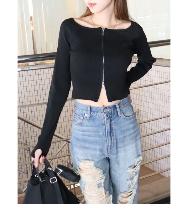 EVRIS「【WEB限定】フロントジップオフショルニット」|ニット・セーター|