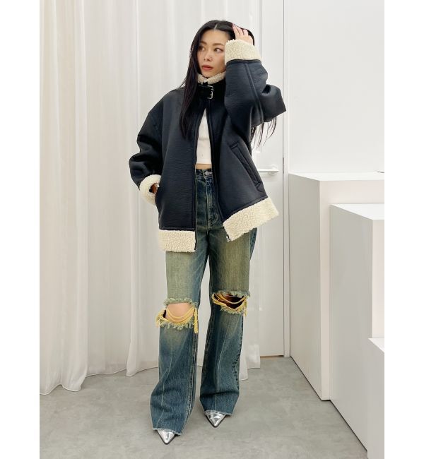 EVRIS「ダメージワイドデニムパンツ」|デニム|