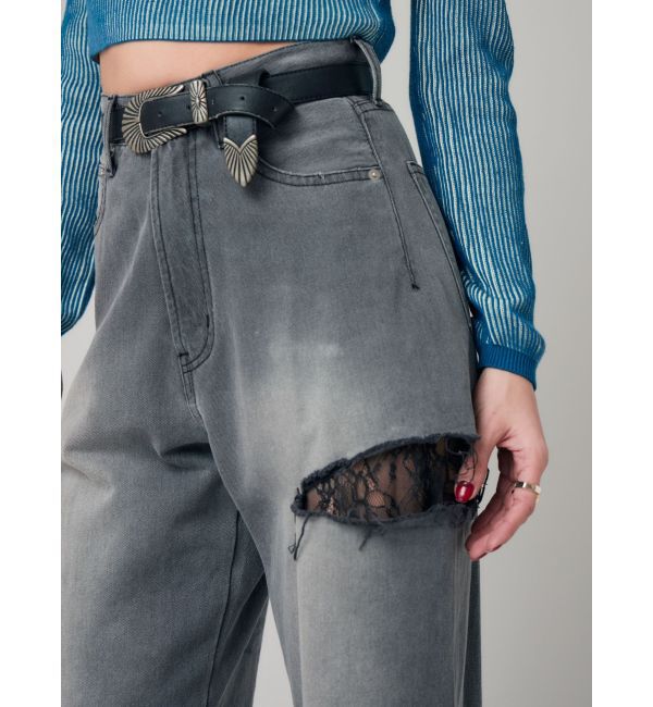 EVRIS「サイドカッティングレースワイドデニム」|デニム|ブラック