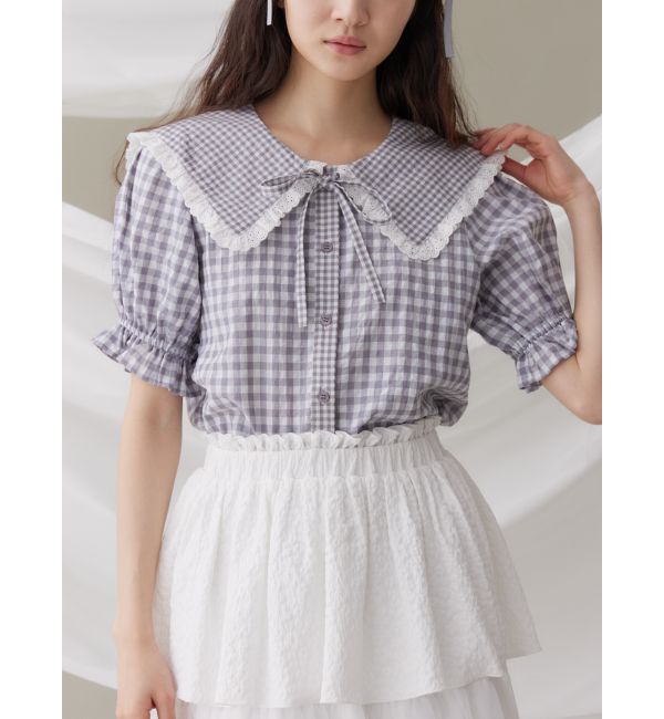 merry jenny「ギンガムリボンブラウス」|シャツ・ブラウス|グレー