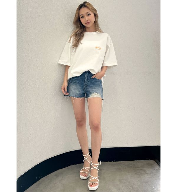 GYDA「ハイウエスト LEFT HEM ダメージデニム ショートパンツ」|デニム|