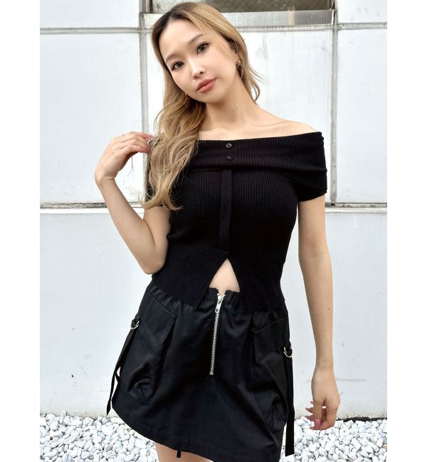 GYDA「HEMスリットオフショルニットトップス」|ニット・セーター|ブラック