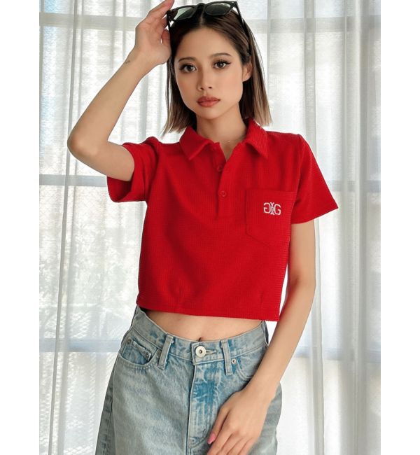 GYDA「Symmetry GYDA ラメembroideryポロトップス」|ポロシャツ|レッド