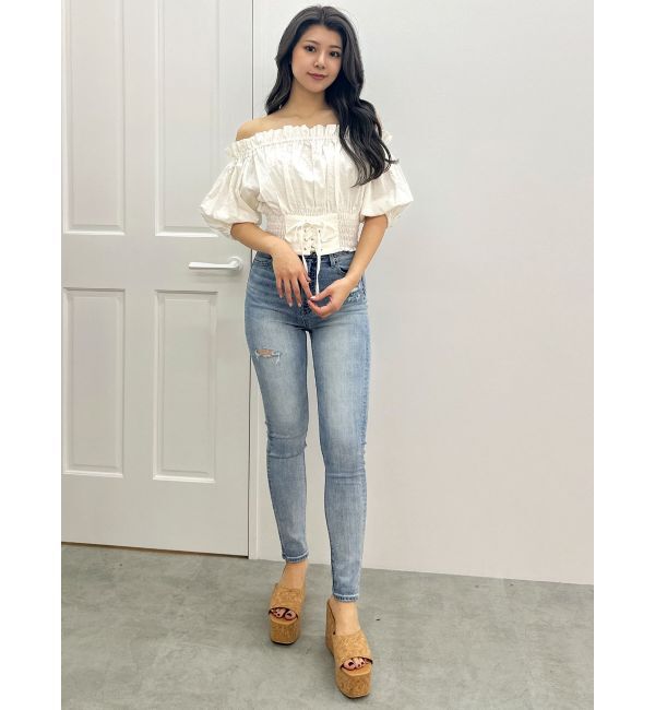 GYDA「ハイウエストGD embossダメージスキニーデニムパンツ」|デニム|