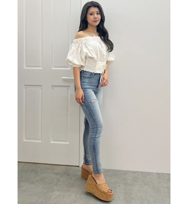 GYDA「ハイウエストGD embossダメージスキニーデニムパンツ」|デニム|