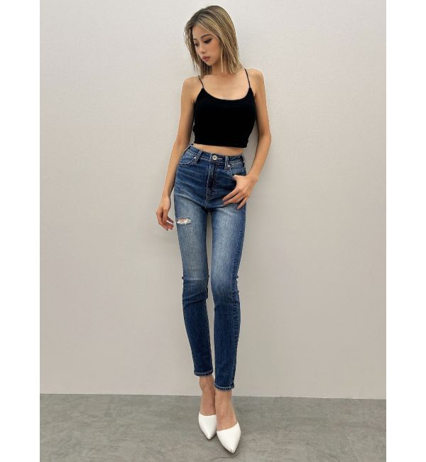 GYDA「ハイウエストGD embossダメージスキニーデニムパンツ」|デニム|