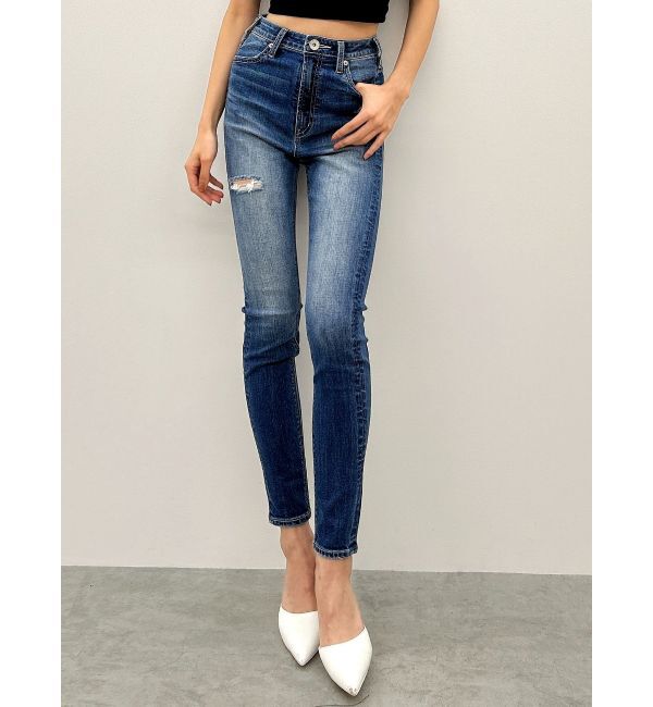 GYDA「ハイウエストGD embossダメージスキニーデニムパンツ」|デニム|