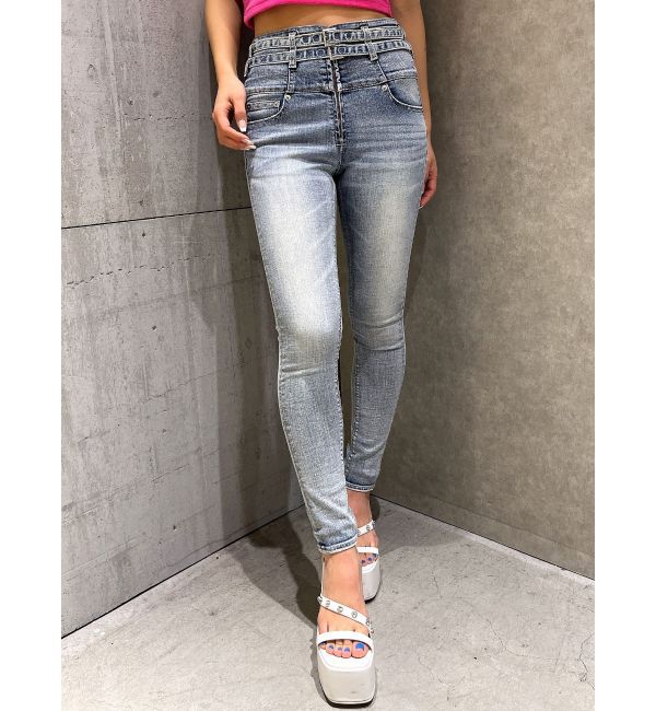 GYDA「ハイウエストフロントZIPベルトデザインスキニーデニムパンツ」|デニム|アイスブルー