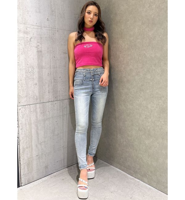 GYDA「ハイウエストフロントZIPベルトデザインスキニーデニムパンツ」|デニム|