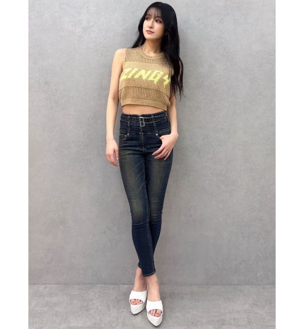 GYDA「ハイウエストフロントZIPベルトデザインスキニーデニムパンツ」|デニム|