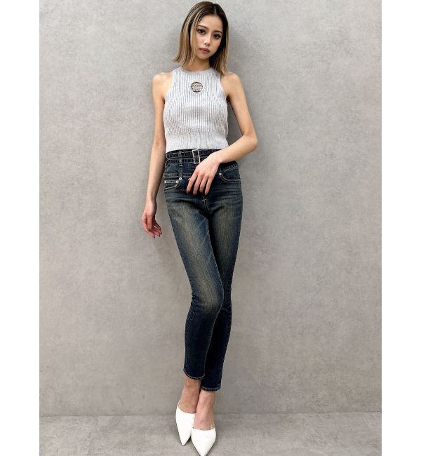 GYDA「ハイウエストフロントZIPベルトデザインスキニーデニムパンツ」|デニム|